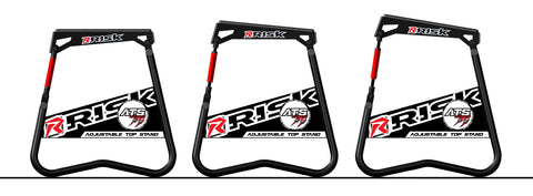 A.T.S. Motocross stand showing how it is ablle to adjust the angle of it's top plate so it can counteract the angle of the frame of your dirt bike so both wheels are off the ground