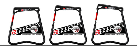 RISK Racing A.T.S. Stand boasting it's versatility and showing how the stand can adjust to match the frame angle of any dirt bike