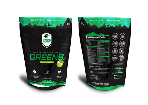 iRide Greens prevention and support Green Apple flavor 1 pound bag. 2 bags side by side. 1 facing front and 1 facing rear