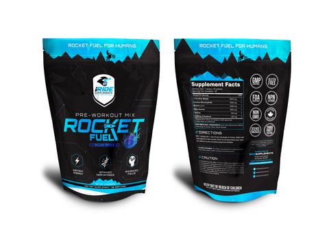 iRide Rocket Fuel pre-workout mix blue razz flavor 1 pound bag. 2 bags side by side. 1 facing front and 1 facing rear