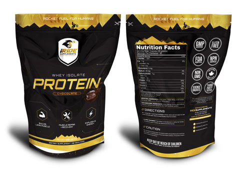 iRide Protein whey isolate chocolate flavor 2 pound bag. 2 bags side by side. 1 facing front and 1 facing rear