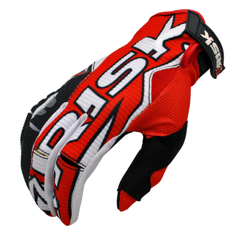 red/white motocross glove curled with pre curved fingers to grip the throttle with ease. risk is written across the top of the glove. has reinforced thumb patch to prevent blistering.