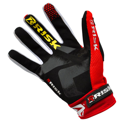 Risk racing ventilate series motocross gloves. White & ride with risk written across the finger of the glove. These gloves have a silicone palm to assist grip in all conditions.