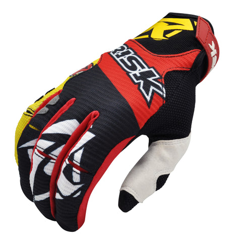 red/yellow motocross glove with pre curved fingers to grip the throttle with ease. risk is written across the top of the glove. has reinforced thumb patch to prevent blistering.