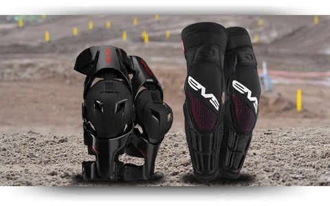 Side by side comparison image of knee braces and knee pads. Knee braces are on the left and knee pads are on the left. Knee braces prevent excessive lateral movement or hyperextension, as well as impacts to the knee. So knee braces offer higher quality protection. However, knee pads allow for more mobility while padding the knee from crash damage.