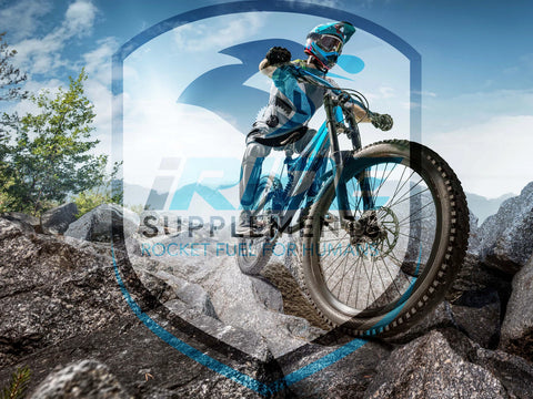 Mountain biker with the iRide Supplements logo faded over. Mountain biking is great cross training for improving endurance on the motocross bike. And iRide supplements are a necessity to pair with any form of training and exercise.