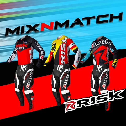 Risk racing three gear styles from the ventilate v2 launch pictured on a black, red, and blue background