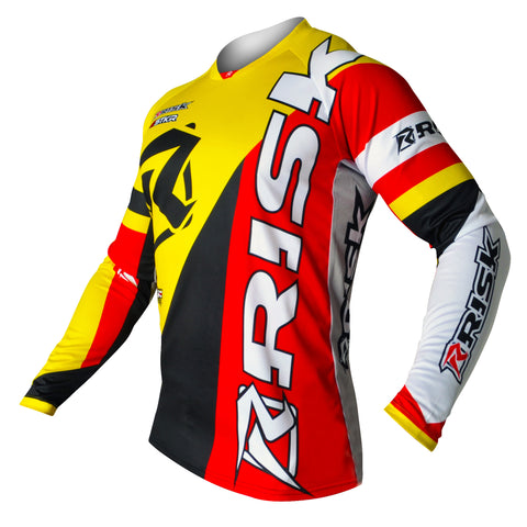 Risk racing red/yellow/black ventilate v2 motocross jersey provides ultimate protection, ventilation, and mobility. As well as a great fit.