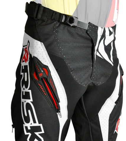 Motocross gear ventilation systems are extremely important for dissipating body heat while riding. Risk racings ventilate v2 gear has both intake and exhaust venters that can be open and closed by a zipper system. 