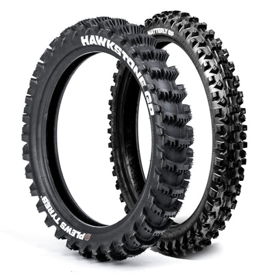 Product image of a MX2 MATTERLY front and a MX1 HAWKSTONE rear tire bundle in a white studio environment.