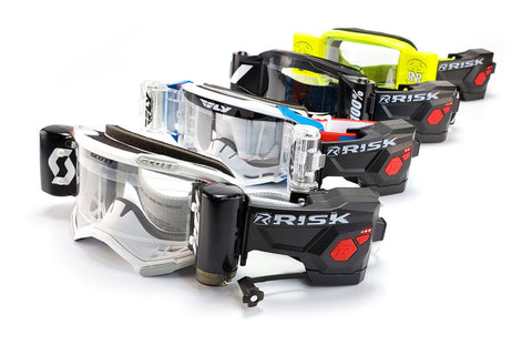 Motocross goggles with the Risk Racing Ripper Automated Roll-off system for MX