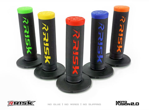 Risk Racing motocross grips, all colors of the grips lined up in a v shape. Risk racing offers their fusion 2.0 grips in green, yellow, red, blue, and orange.