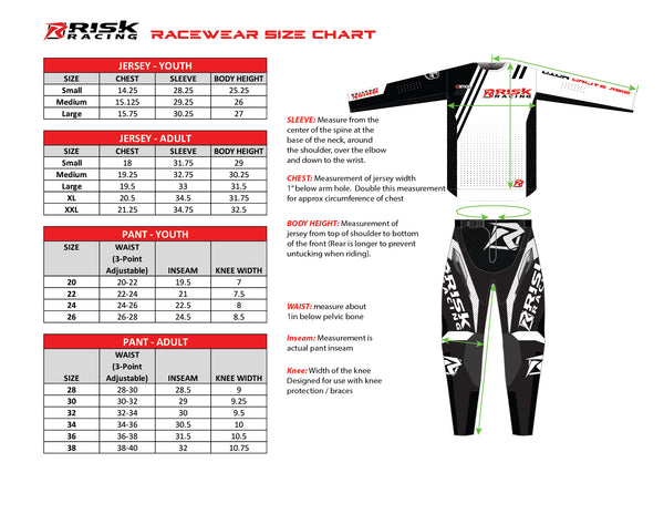 Risk Racing's Raceware Sizing Guide for Adult and Youth size jerseys and pants for motocross and dirt bike activites