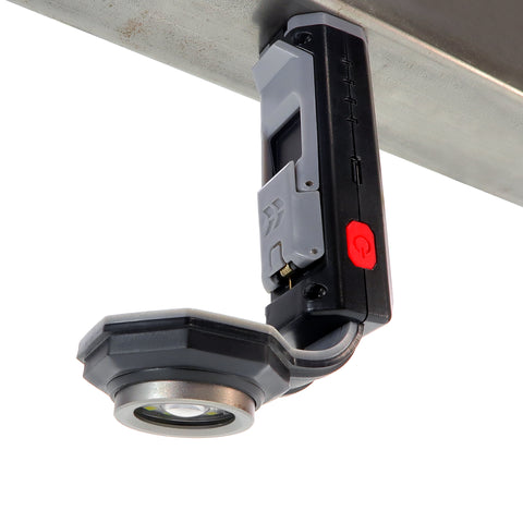 STKR pocket light boasting it's versatility with it's magnetic base allowing it to stick to the metal object and flex it's light head to point the light in the necessary direction. 