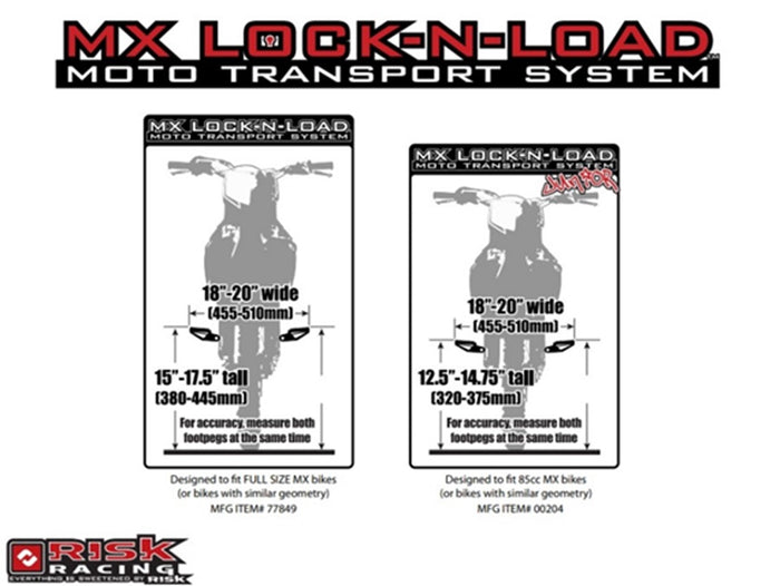 Lock-N-Load Moto Transport system bike fitment diagram with dimensions. 