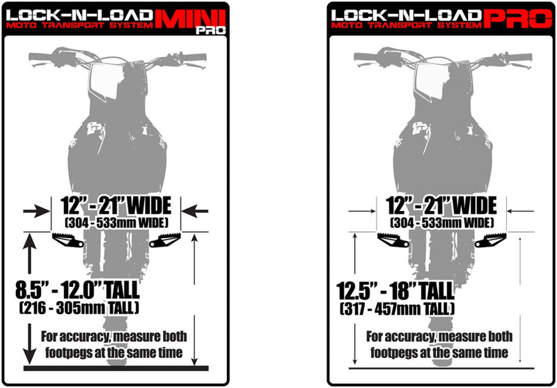 Lock-N-Load moto transport fitment dimensions showing what size bikes will fit.