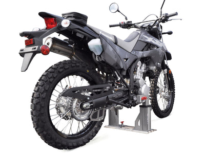 Full size dirt bike secured into a Lock-n-load pro dirt bike transport system on white studio background