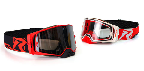 J.A.C. V2 Motocross Goggles white & red with the choice of three tear-off lens colors; clear, mirrored tint, and revo tint. 