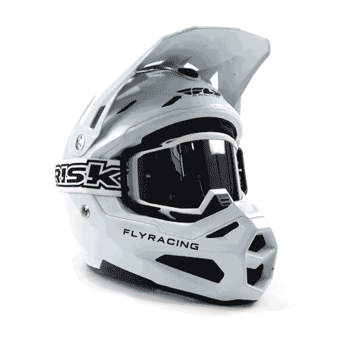rotating Fly MX helmet w Risk Racing JAC goggles white BG