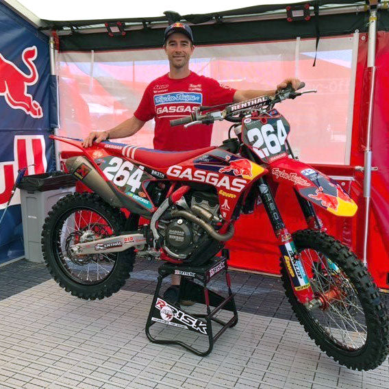 num 264 Ryan Sipes gasgas MX bike sitting on an ATS stand from Risk Racing