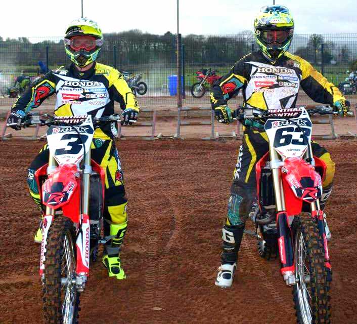 sponsored riders num 3 and num 63 of Risk Racing posing on their bikes in full gear