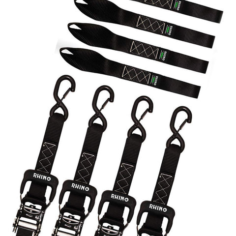 four black ratchet straps on a plain white background.