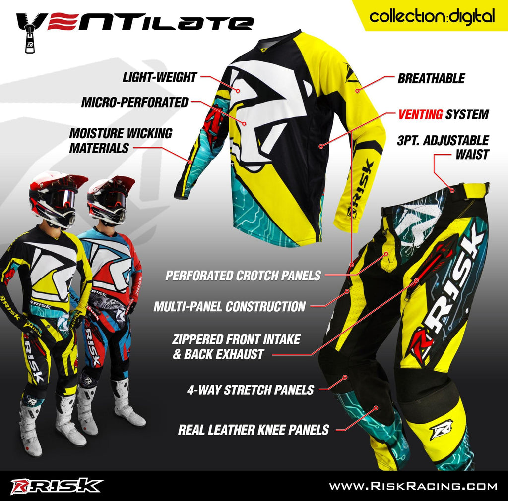 ventilate motocross jerseys and pants poster by Risk Racing including bullet points and 2 color options