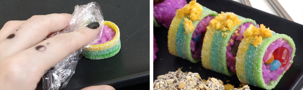 How To wrap rainbow candy sushi rolls