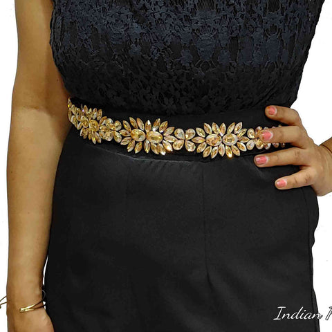 Indian Petals Stylish Fancy Big Rhinestones studded Fabric Party Belt for Girls, Women, Gold