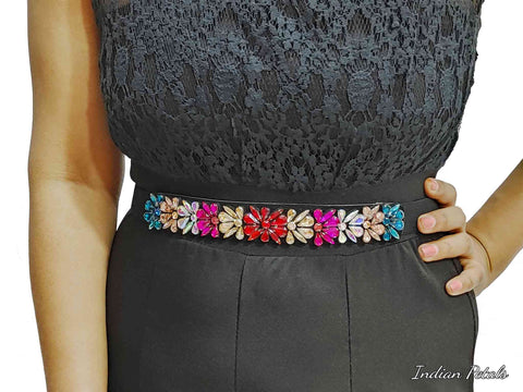 Cinturón de fiesta de tela con cuentas de diamantes de imitación con estilo de pétalos indios para niñas, mujeres, multicolor
