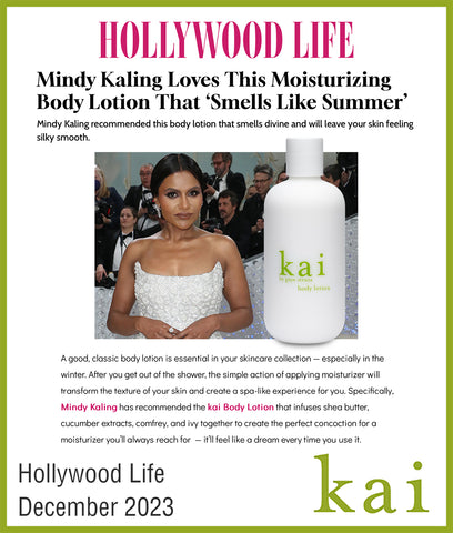 mindy kaling loves kai body lotion - hollywood life - december 2023