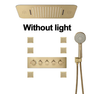 Brushed Gold Thermostatic Shower System Smart LED 23"x15" Ceiling Rain Shower Panel Bluetooth Music