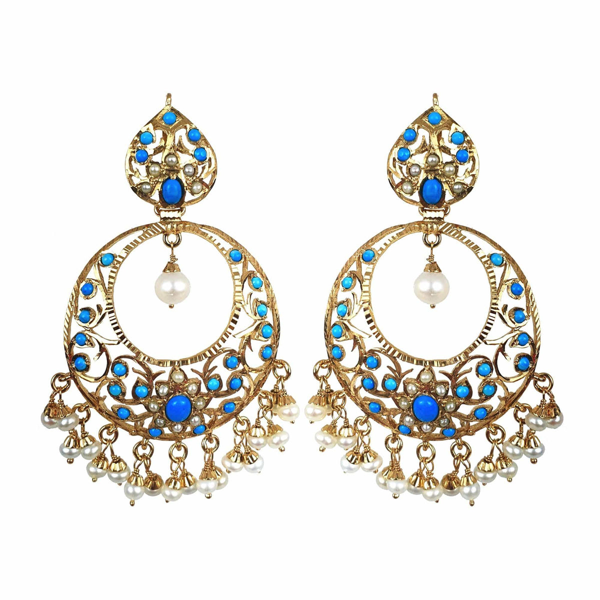 Pearl-Turquoise Jadau Chandbali Earrings in Gold Plated Silver ER 054 ...