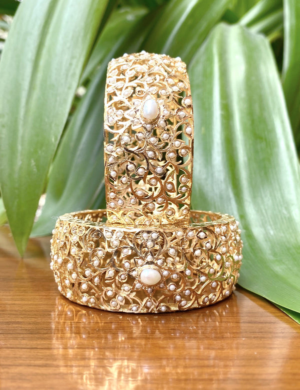 Pearl Jadau Bangles in Gold Plated Silver - Deccan Jewelry