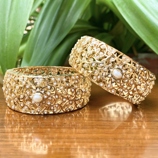 Pearl Jadau Bangles in Gold Plated Silver - Deccan Jewelry