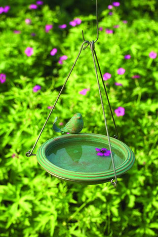 Teal hanging bird bath.