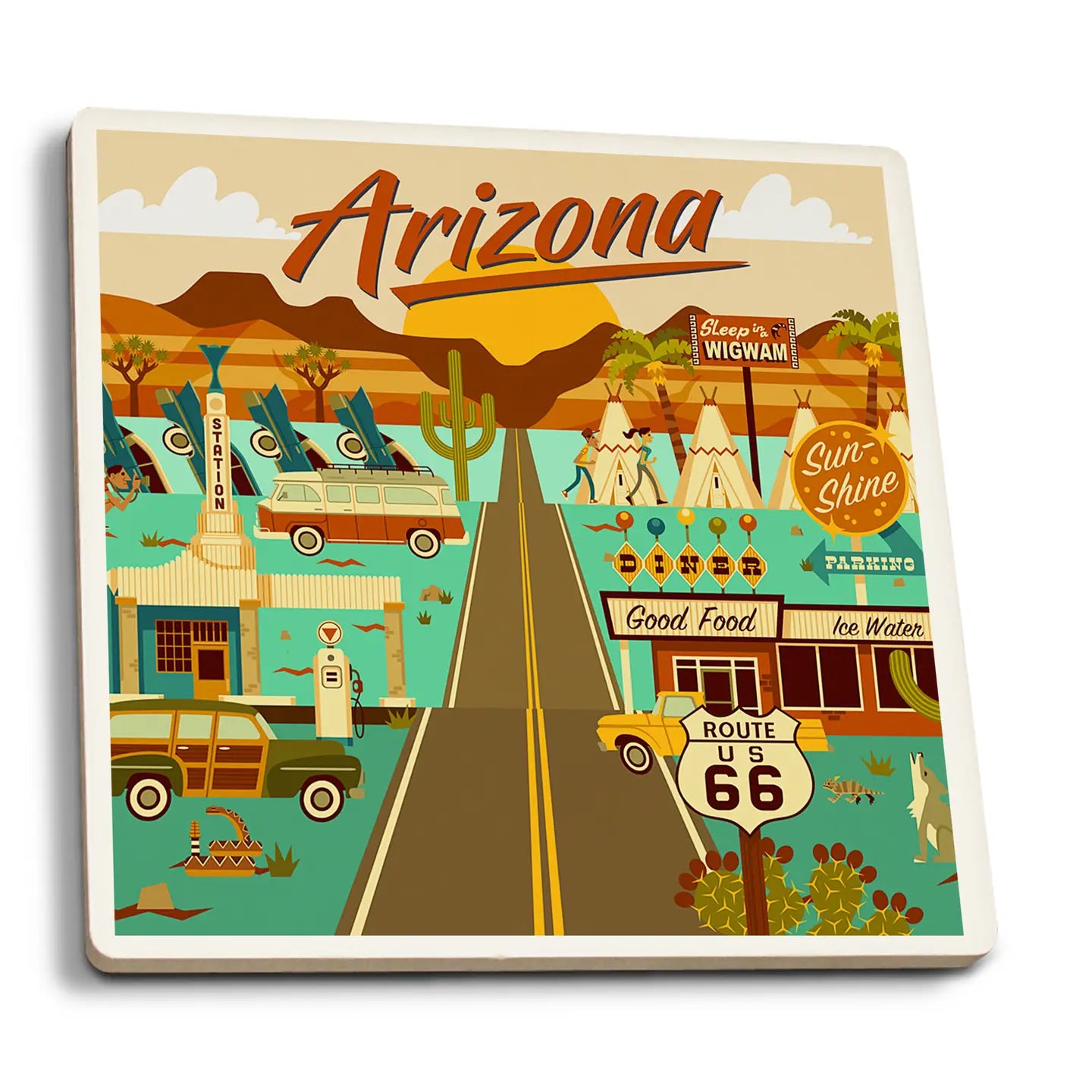 Arizona Retro Route 66 Geometric Ceramic Coaster