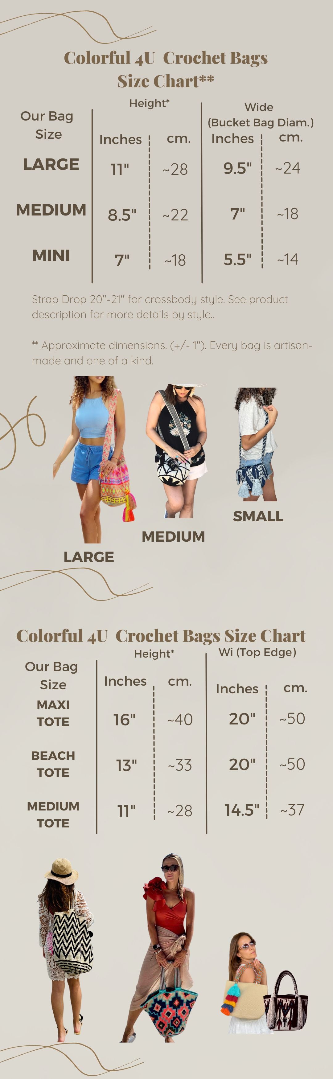 Crossbody Bucket Bag Dimensions | Colorful 4U Crochet Bags Size Chart 