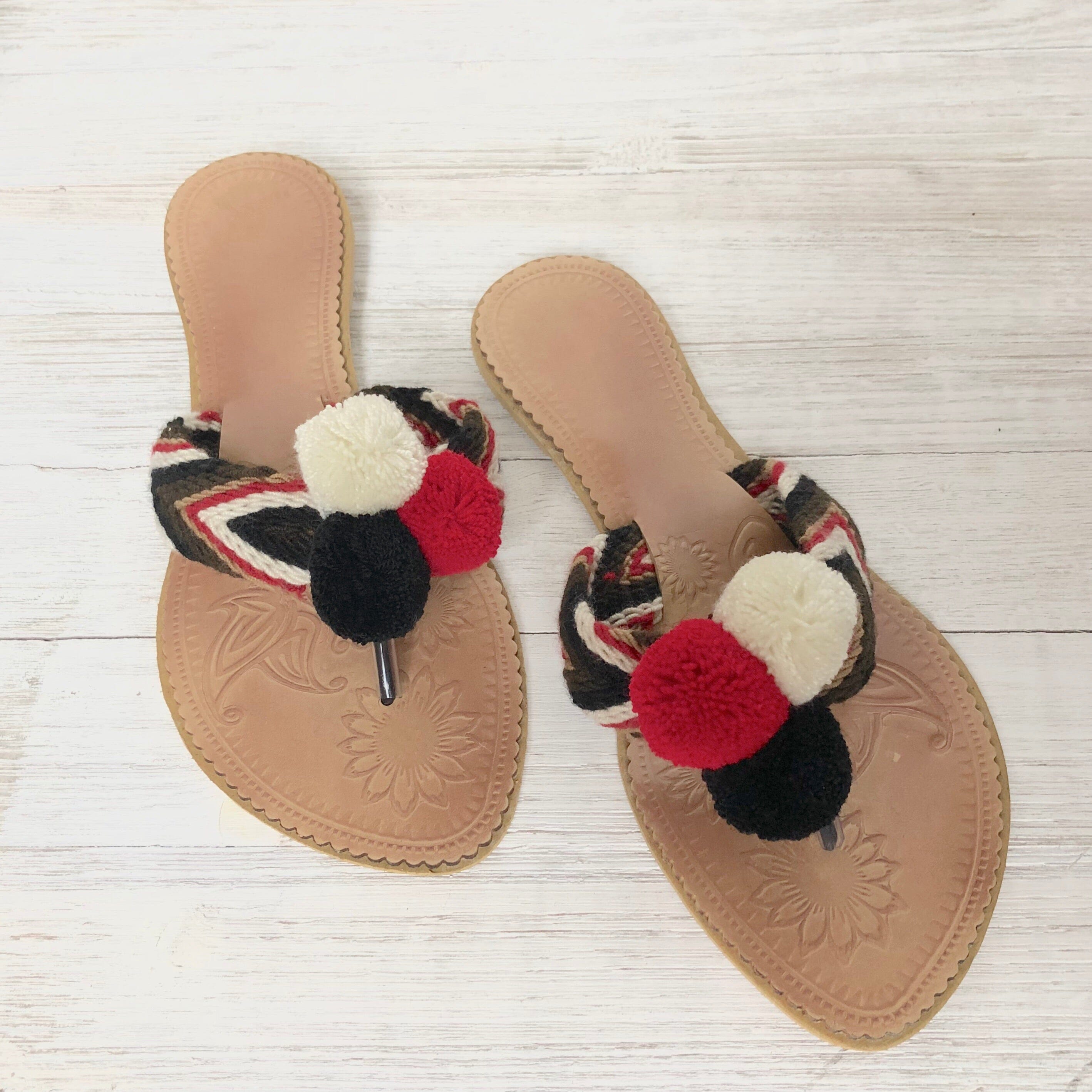 Red Sandals-Pom Pom Flip Flops-Summer Flats-Cute Beach Slides-Wayuu ...