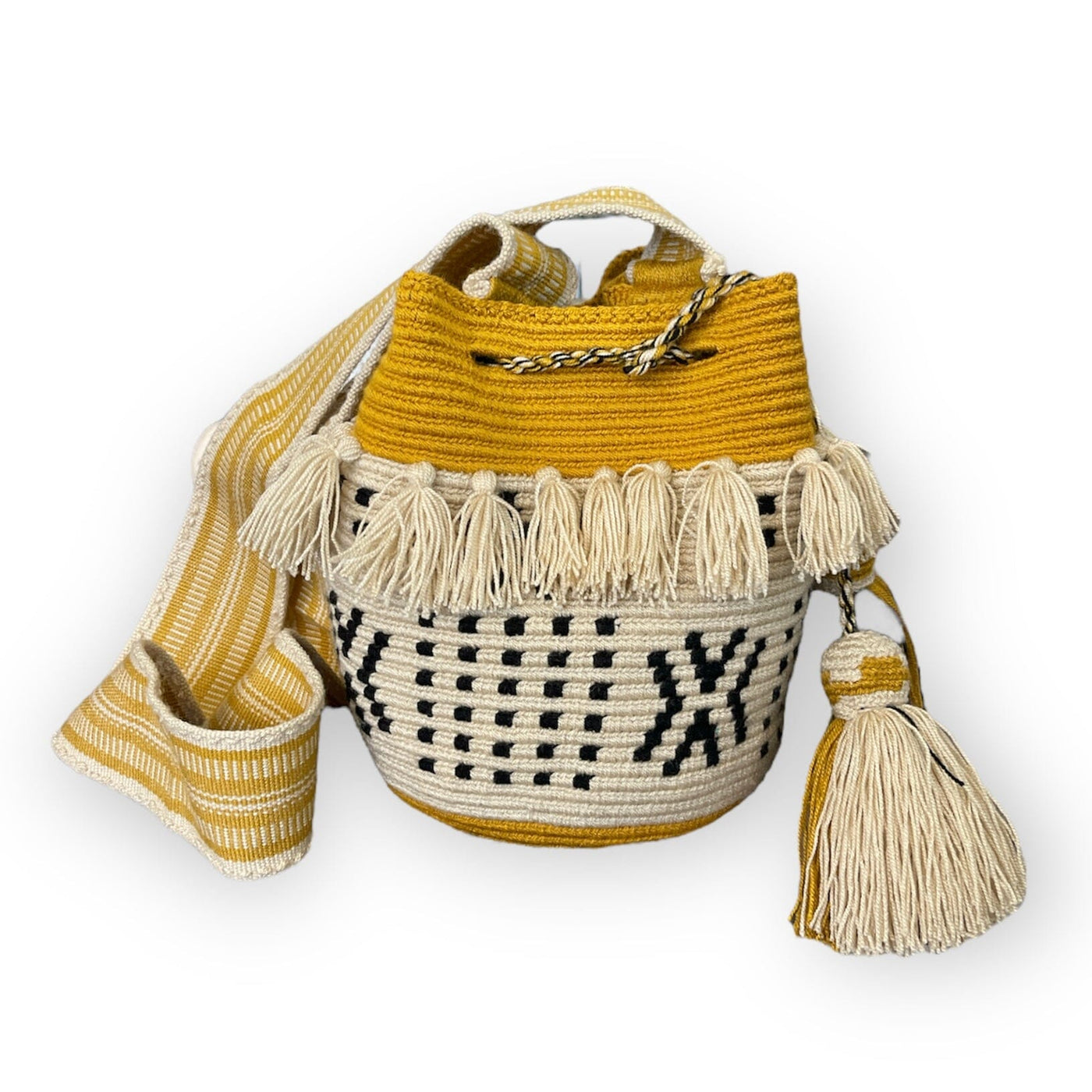 Tassel Bohemian Bag for Fall | Boho Crossbody Purse | Medium Medium-Crossbody Crochet Boho Bag - Traditional Wayuu Design Yellow Mustard with Tassels 