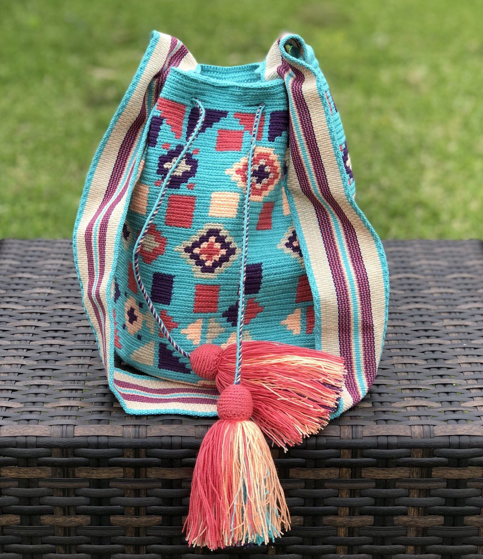 Turquoise Crossbody Crochet Bag-Boho Bag-Bohemian-Bucket-Hippie-Wayuu –  Colorful 4U