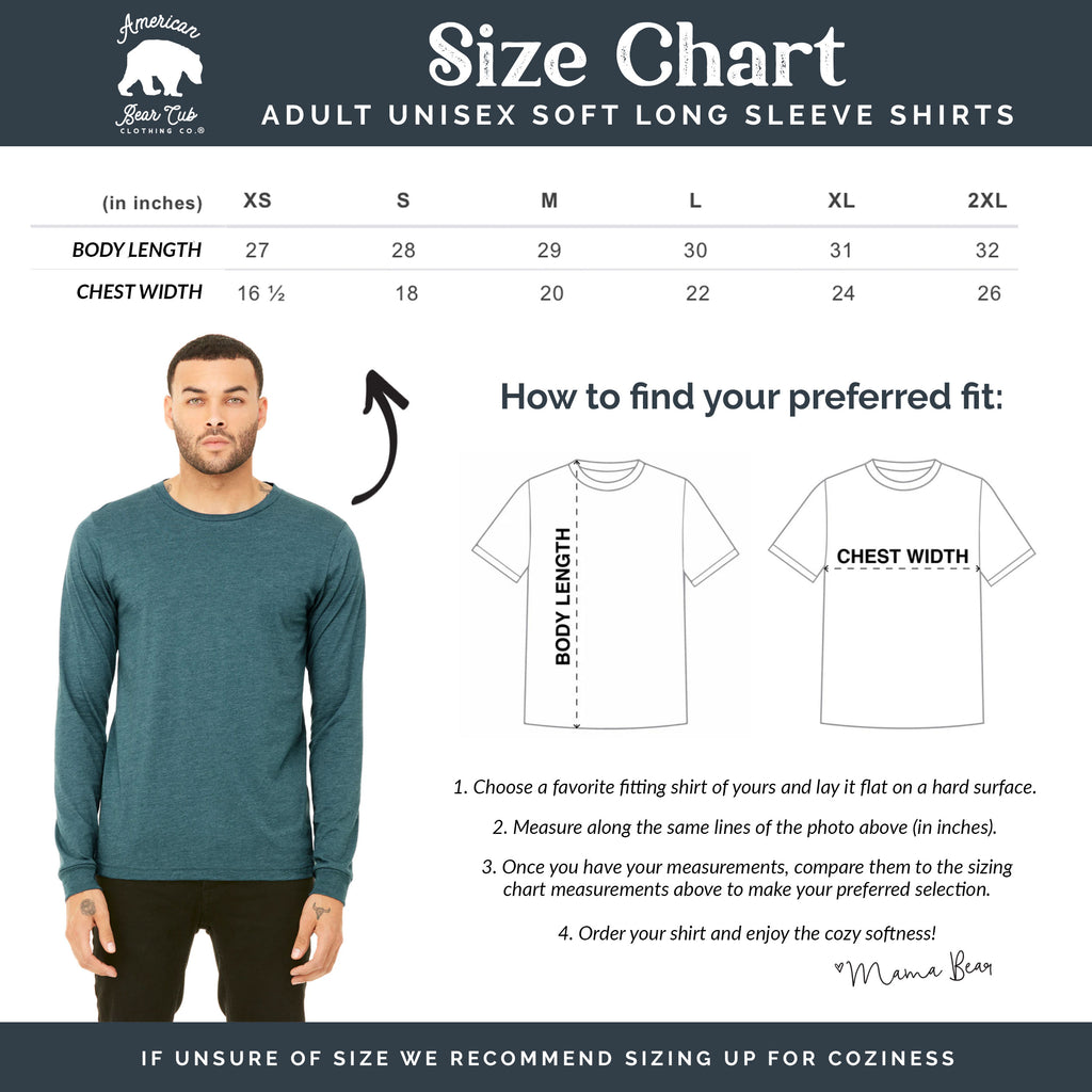 American Bear Cub® Adult Unisex Long Sleeve Shirts Size Chart 