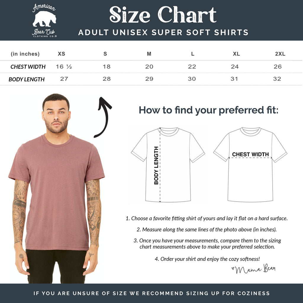 American Bear Cub® Adult Unisex Super Soft Shirts Size Chart