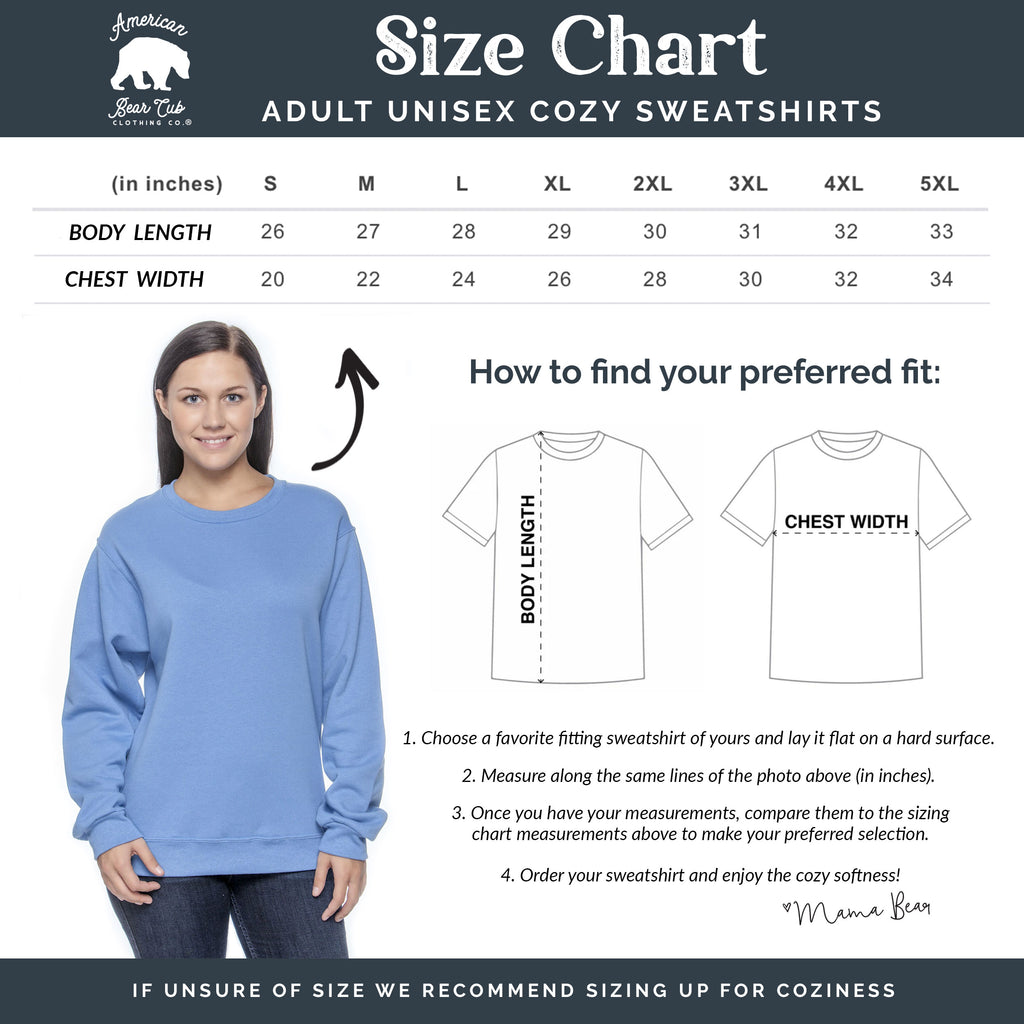 American Bear Cub® Adult Unisex Cozy Sweatshirts Size Chart