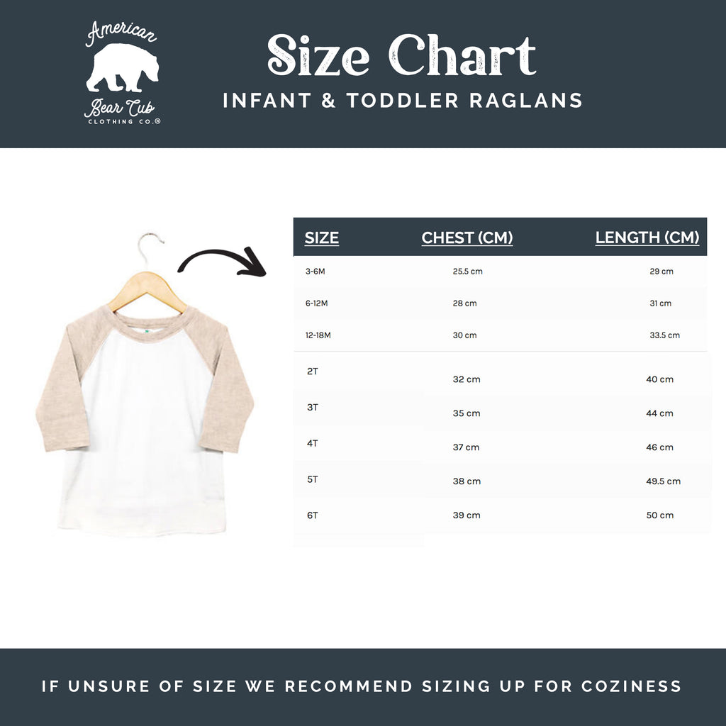 Baby and Toddler Raglan 3/4 sleeve shirts size chart