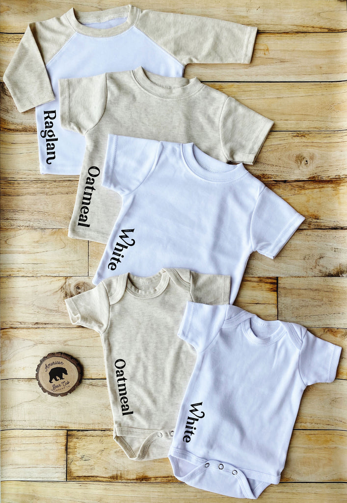 Baby and Toddler White, Oatmeal and Raglan Shirts Color Chart