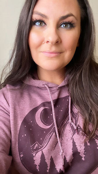 Emily, also known as Mama Bear, owner of American Bear Cub® wearing the Mountain Night hoodie in Heather Sport Dark Maroon