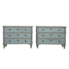 Pair of Gustavian Style Chests of Drawers with Faux Marble top, Dentil Moulding, and Lozenge on Canted Corners