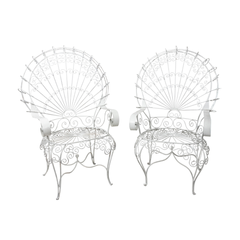 Pair Vintage White Wirework Peacock Garden Chairs