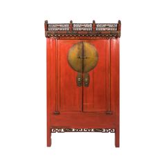 Red Chinoiserie armoire made for the English market. Decorative crown, 1880